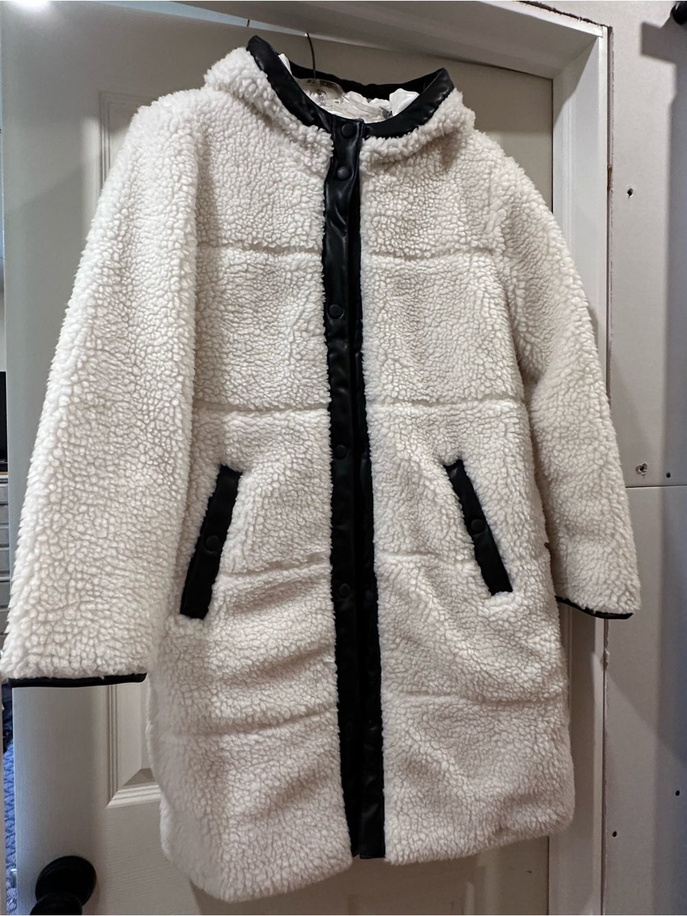 Cream Teddy Sherpa Hooded Coat with Black Trim